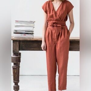 Not Perfect Linen Small Margaret Wrap Jumpsuit (Redwood)